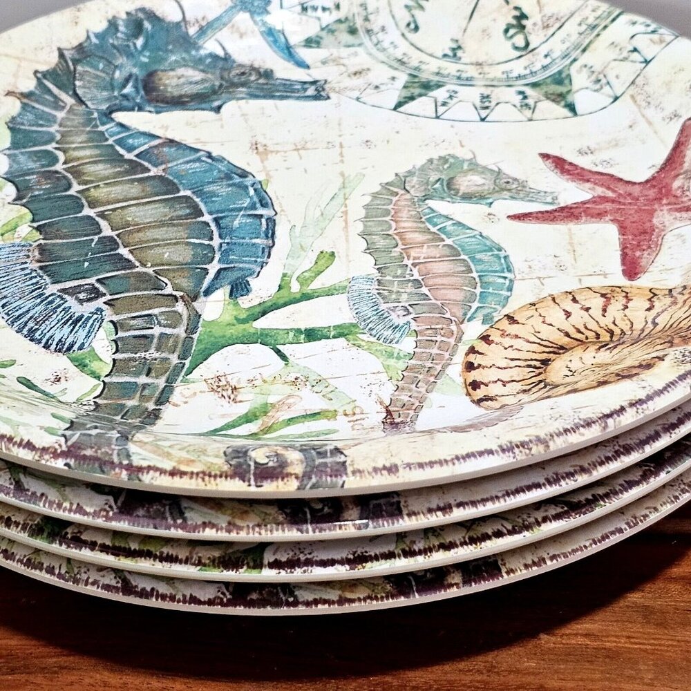 Pier 1 Spikey The Seahorse Melamine Plates 9in set-4 sea life shells unbreakabl - Picture 4 of 12